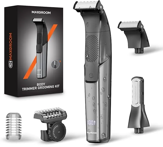 MAXGROOM Afeitadora Corporal Masculina 2 en 1, Depiladora Corporal Hombre con Peine Ajustable para Cuerpo y Zona Intima, en Seco y Húmedo, Pantalla LED y Recargable Tipo-C, Negro