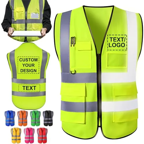 ShAxzHen Chaleco de seguridad personalizado para hombre y mujer con bolsillos con logotipo Ropa de trabajo protectora de alta visibilidad personalizada con tiras reflectantes, verde fluorescente, L