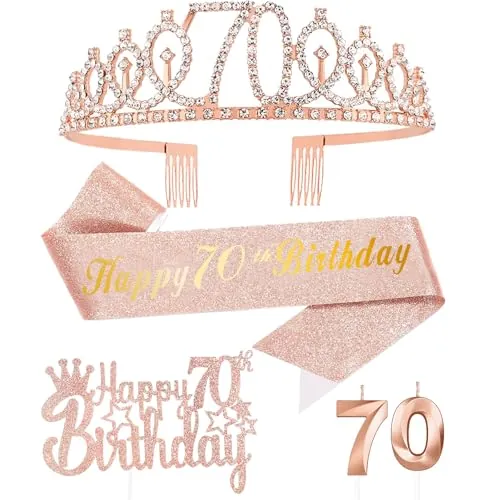 70 Años Corona Banda Cumpleaños Mujer Tiara Corona y Faja de Oro Rosa, Velas Cumpleaños Numeros 70 Cake Topper de Tarta Decoración Fiesta