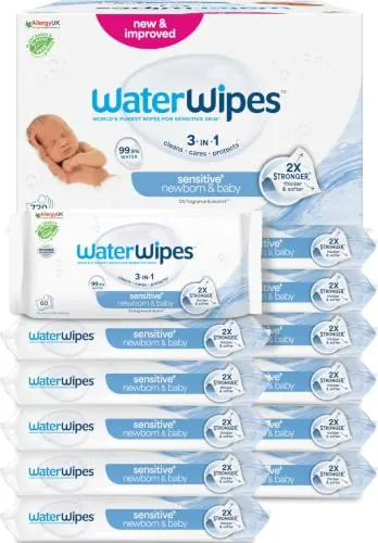 WaterWipes Sensitive+ Newborn & Baby Wipes, 12 Paquetes | 720 toallitas 3 en 1 que limpian, protegen y cuidan la piel; 99,9% agua, sin perfume ni alcohol