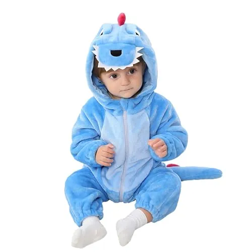 LOLANTA Disfraz Dinosaurio con Capucha Niños Vestido-Halloween Animal Disfraz Carnaval para Niños Pequeños, Traje de Unión de Franela, Azul, 18-24 meses