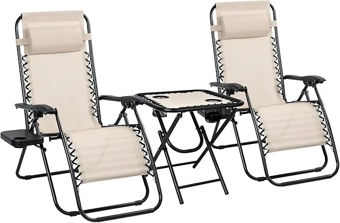 Pack 2 Tumbonas o Sillas de Exterior Plegables y reclinables con mesita para jardín, Playa, Piscina, terraza. Gravedad Zero 2 Unidades, Acero Ligero, Portavasos y Reposacabezas. Beige