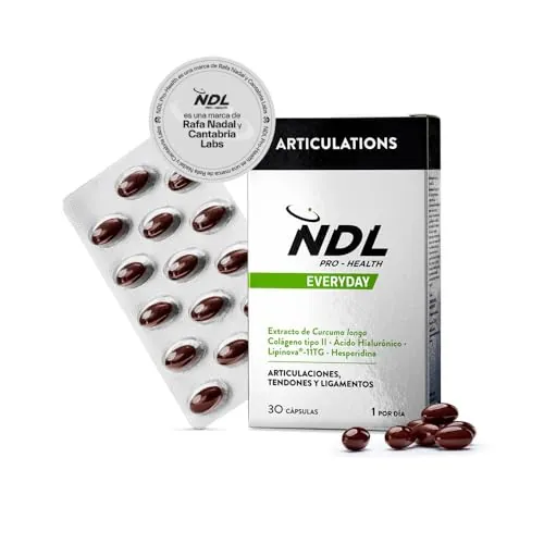 NDL Pro-Health Articulations | Colágeno Tipo II + Ácido Hialurónico + Cúrcuma + Vitamina C | Soporte para huesos, cartílagos y articulaciones | Contiene aceite de pescado | Rafa Nadal & Cantabria Labs