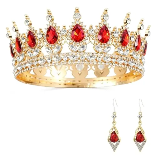 ZHITENG Corona Dorada para Mujer, Pendientes Diamantes Imitación, Vintage Tiara de Corona Barroca, Imitación Brillantes Tiara de Cristal para Niñas y Mujeres Boda Fiesta de Cumpleaños (Rojo)