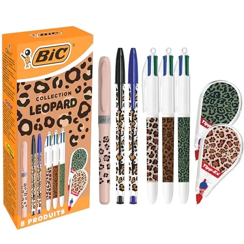 Colección Leopardo de BIC y Tipp-Ex – 8 unidades: bolígrafos de punta media (1,0 mm), subrayador de punta biselada y cintas correctoras (6 m x 5 mm) con diseños aleatorios.
