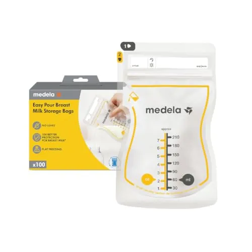 Medela bolsas de almacenamiento de leche materna Easy Pour, bolsas desechables de 210 ml, a prueba de fugas, protegen los nutrientes de la leche, sin BPA, paquete de 100, Exclusivo en Amazon