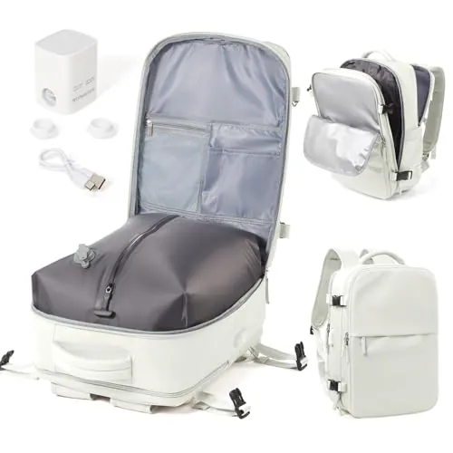 WEPOET Mochila Viaje al Vacío con Bomba, Mochila de Viaje Cabina Avion 40x30x20 Ryanair,Impermeable Mochila Compresion al Vacio Para Portatil 14" Hombre y Mujer Beis
