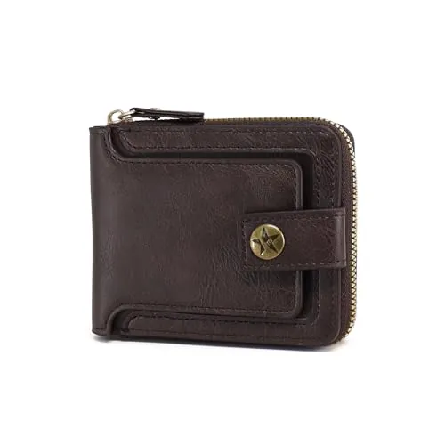 FuninCrea Carteras para Hombre, Billeteras Hombre con Cremallera y Hebilla, Múltiples Compartimentos Monedero Hombres Pequeña con Ventanillas de ID para Tarjetas Efectivo Monedas (Café)