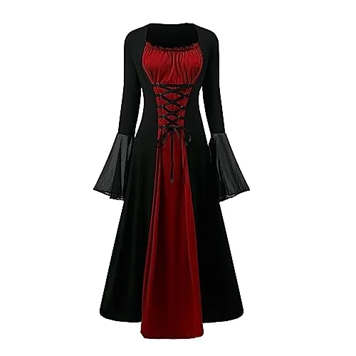 CNVAUIE Disfraz renacentista para mujer, vestido medieval con mangas de trompeta, gótico, vestido maxi para carnaval, Halloween, fiesta (Rosa, S)