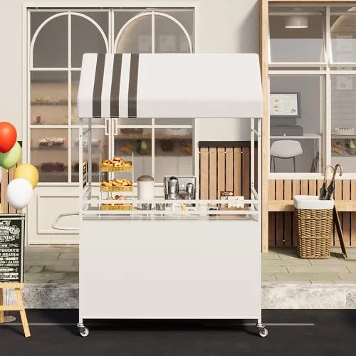 Carrito de venta portátil con toldo, carritos de comida móviles con ruedas con bloqueo, soporte de exhibición callejero de 215 cm de altura, resistente, para eventos en interiores y exteriores.