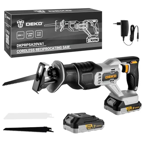 20V Sierra Sable Inalámbrica, DEKOPRO Sierra Sable Batería con 2,0Ah Batería y 2 Hojas de Sierra, 0-3200 SPM, Luces LED, Cambio de Hoja sin Herramientas, Para Cortar Madera y metal