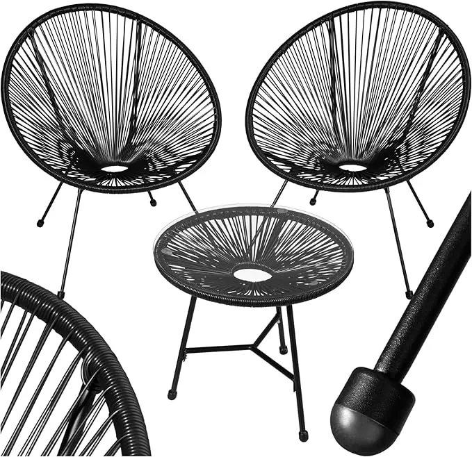 tectake® Conjunto Muebles Jardín Exterior de Acero, Estilo Acapulco, 2 Sillas y 1 Mesa con Cristal, Mesa y Sillas de Terraza Resistentes a Intemperie,Topes en Patas, para Interior y Exterior - negro