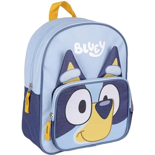 Mochila Escolar Infantil de Bluey - Color Azul - 15,5x30x10 cm - Fabricada en Poliéster - Mochila Pequeña con Cierre de Cremallera y Asas Acolchadas - Producto Original Diseñado en España