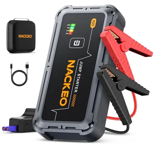 NACKEO Arrancador de Coches 7000A, Arrancador de Baterias de Coche Portátil (hasta Todo Gas o Diésel de 10,0L), 12V Jump Starter Clips de Seguridad Inteligentes, Luz LED, Carga Rápida, Compacto