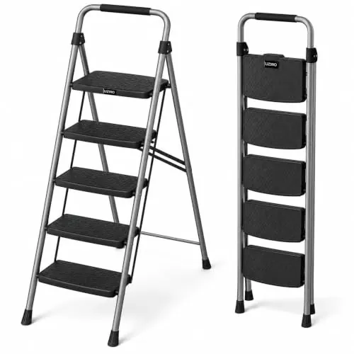 UZIRO Escalera Plegable 5 Peldaños de Acero y Aluminio, Escalera Pequeña Plateada con Peldaños Antideslizantes, Asa de Goma, para Hogar, Cocina, Oficina y Bricolaje