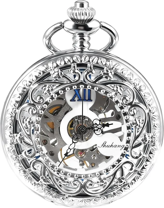 Reloj de bolsillo mecánico Treeweto, hueco con números romanos, diseño de flores, color plateado