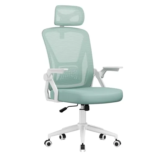 naspaluro Silla Escritorio, Silla de Oficina Ergonómica con Brazos Abatibles 90°, Soporte Lumbar de Diseño Exclusivo, Reposacabezas Ajustable, Tapicería de Malla Transpirable Escritorio, Verde