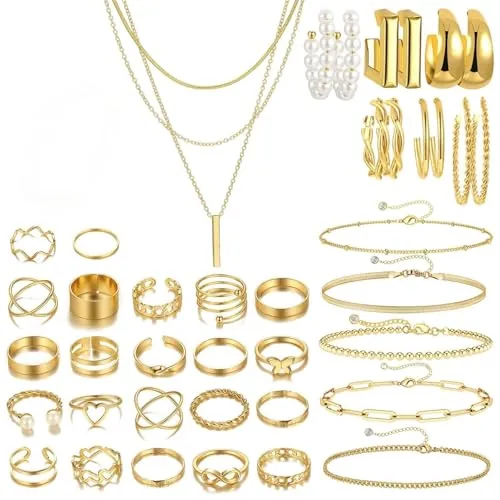 ZXTGBQ Joyas De Mujer - Set De 36 Piezas: Brazalete Dorado, Anillos Mujer, Collar Dorado, Pendiente, BisuteríA Jewelry JoyeríA Y Colgante Para Mujeres, Anillo Doradomujer, Oro