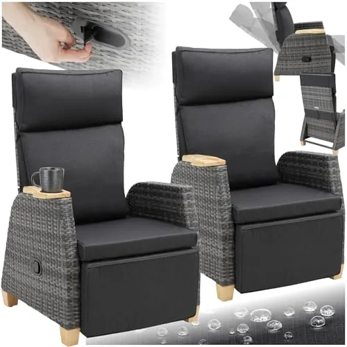 tectake® Sillón de Ratán con Cojín, Funda Repelente al Agua, Estructura de Aluminio, Silla Ratan, Silla Reclinable, Sofa Jardin, Sillas Terraza, Mueble Jardin Exterior, Sofa Exterior - Set de 2 Gris