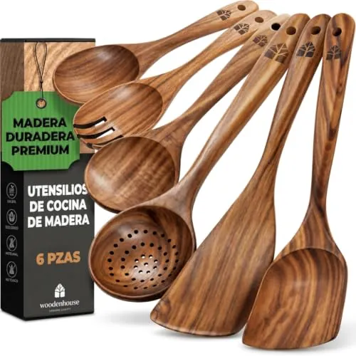 Utensilios de Cocina Madera, Juego de 6, Cucharas y Espátulas de Teca