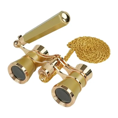 BOSTRON Gafas de Ópera 3X 25 con Lente BK7 - Binoculares Teatrales Vintage, Mango Ajustable y Cadena, Portátiles para Mujer, Hombre y Niño - Ideal para Conciertos, Teatro y Eventos (Dorado)