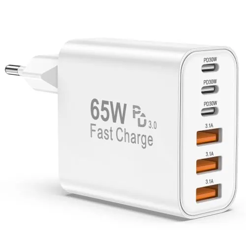 BSTOEM Cargador Carga Rapida USB C 65W 6 Puertos rapido, Múltiple 25W (MAX)