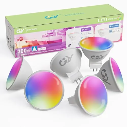 GY 6 Bombilla Inteligente Alexa MR16 GU5.3 LED - 5W 300LM RGB Bombilla WIFI 2700K-6500K Regulable - Compatible con Alexa, Google home, TUYA APP - 12V AC/DC