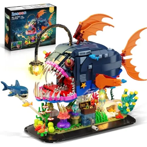 INSOON Set de Construcción de Pez Rape Mecánico con Luces, Bloques Articulados con Tiburón y Medusa, Kit de Animales Marinos de 1139 Piezas, Regalo y Decoración para Mayores de 12 Años