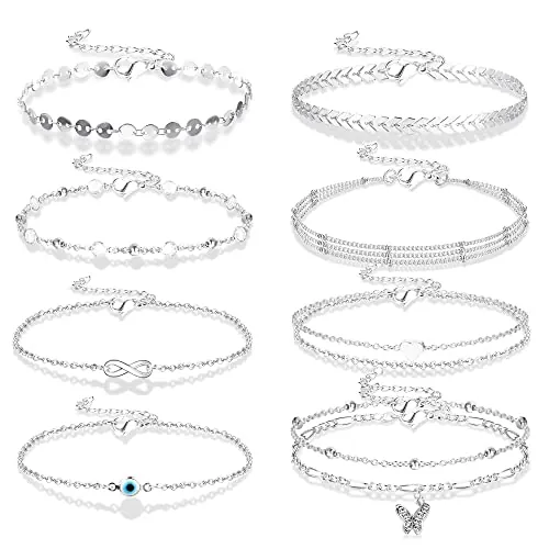 LOLIAS 9 Piezas Tobillera para Mujeres Adolescentes Delicado Oro Plata Multicapa Mariposa Mal de Ojo Corazón CZ Playa Ajustable Delicado Juego de Tobilleras en Capas