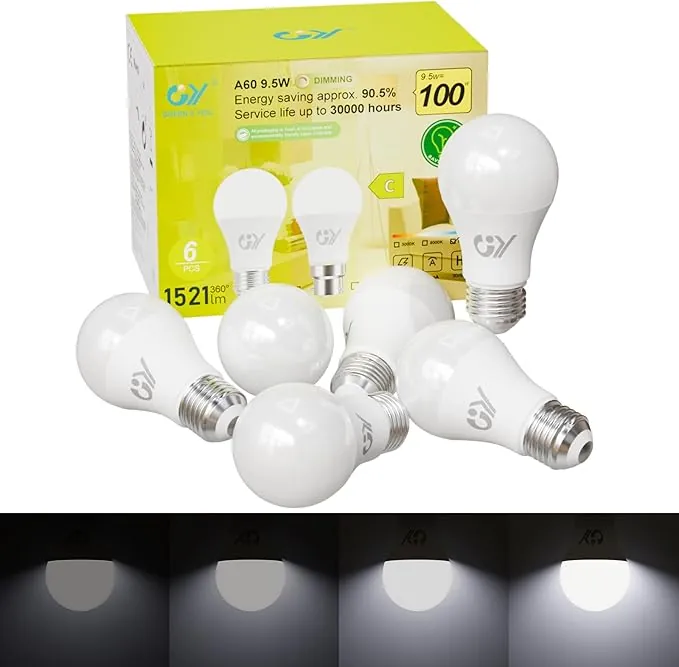 GY Bombilla LED E27 Luz Fria 6500K, 9.5W (Eq. 100W) 1521LM Dimmable (Protección Ocular), Ángulo 280°, Sin Parpadeo, CRI＞80, A60 Bombillas Regulable Blanco Frío, 6 Pieza