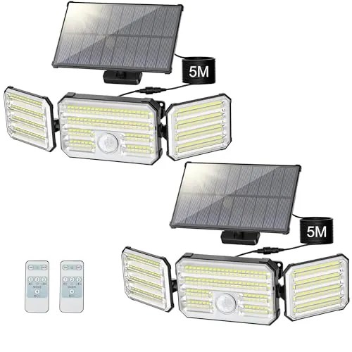 Giliwosy Luces Solares Led Exterior Jardin con Sensor de Movimiento, Focos LED Exterior Solares con Control Remoto 4 Modos 7000K 2000mAh IP67 Impermeable, 2 Piezas