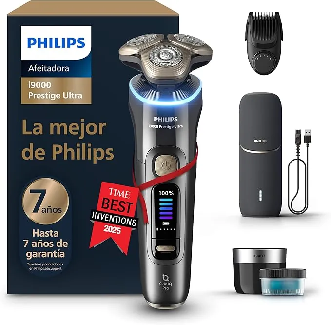 Philips i9000 Prestige Ultra, Afeitadora Eléctrica Hombre, Máquina de Afeitar Barba en Seco y Húmedo, Tecnología SkinIQ Pro, Recargable, Centro de limpieza, Recortador, Estuche de Carga UV, XP9402/46
