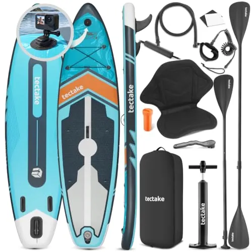 tectake® Tabla Paddle Surf Hinchable 320 cm, Antideslizante, Soporte Cámara | Remo de aluminio ajustable, punto drop-stitch reforzado, 3 aletas estables, asiento kayak acolchado, mochila, SUP, turquesa