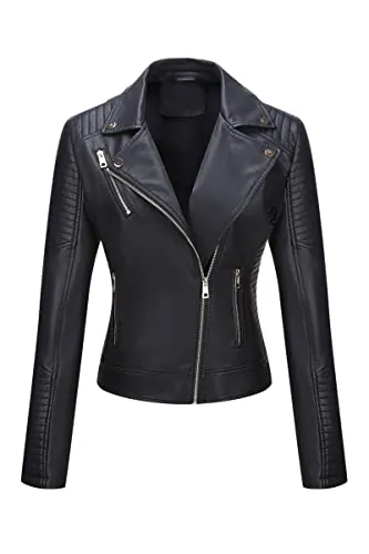Geschallino Chaqueta Para Mujer Cuero Talla Grande Otoño Cortas Motocicleta PU Casual Abrigo 53Plus Negro 3XL