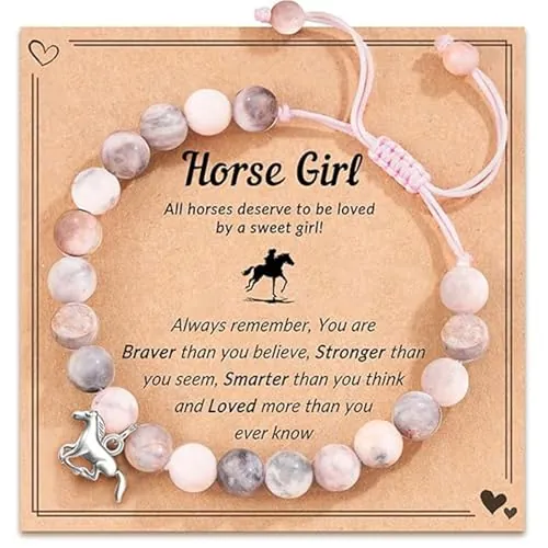 Pulsera LunarCharm con colgante de caballo de piedra natural rosa, regalos de caballos para niñas, pulsera con colgante de caballo para niñas, nieta, hija, sobrina que ama los caballos