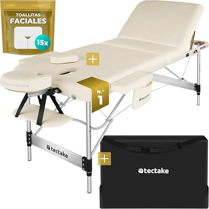 tectake® Camilla Masaje Plegable y Ajustable en Altura, Camilla Fisioterapia, Estructura Ligera de Aluminio, Camilla Estetica Profesional, Acolchado Resistente al Agua y Aceite - Ancho 70 cm Beige