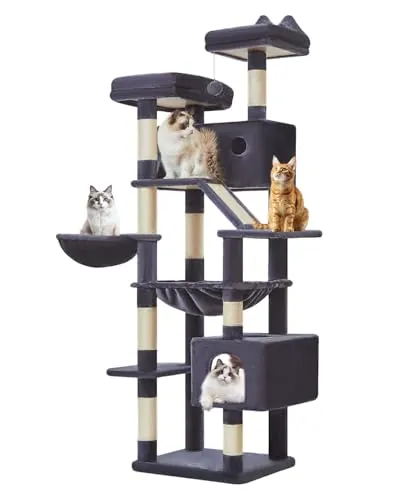 Taoqimiao Rascador para Gatos 180cm, Árbol para Gatos Grandes, 8 Postes de Sisal para Arañar, Panel Rascador, Hamaca Suave, 2 Plataformas Acolchadas Superiores, MS026LG Gris Oscuro