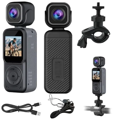 OBEST Cámara de acción 4K, cámaras duales Frontal y Trasera, cámara Corporal con Lente giratoria de 180 Grados y visión Nocturna, cámara Deportiva para Vlogs, Paseos a Caballo, esquí y Ciclismo
