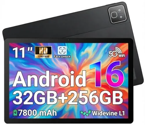 TT.KIDS Tablet Android 16, Tableta de 11 Pulgadas, 32GB RAM+256GB ROM (TF 1TB), 7800mAh, 5 Núcleos, 1280 * 800 Pantalla HD, WiFi 6, Widevine L1, Bluetooth 5.4, 5MP+8MP, Face ID, GPS Tableta Pad
