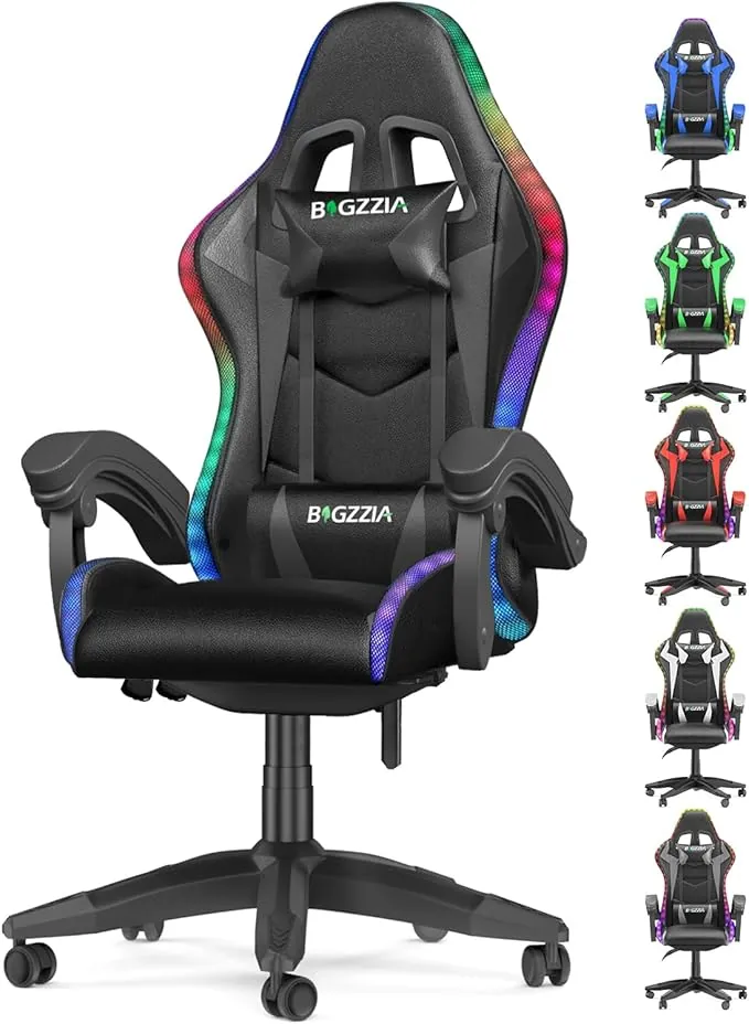 bigzzia Silla Gaming con Luces LED,Silla Ergonómica Gaming,Altura Regulable Silla con Apoyo Lumbar y Reposacabezas, Respaldo Inclinable hasta 155° (Utilización RGB, Negro)