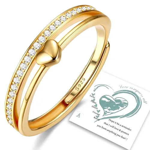 Anillo de Corazón Plata 925 Ajustable Chapado en Oro 14K CZ para Compromiso, Boda y Promesa - Oro Rosa