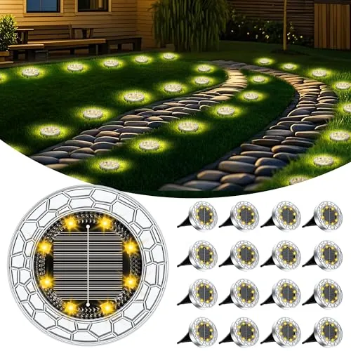 FIFlying 16 Piezas Luces Solares LED Exterior Jardín, 8 LED Luces Solares LED Exterior Jardín Suelo, Acero Inoxidable, Luces Solares LED Jardín para Césped, Camino, Acera, Patio, Blanco Cálido