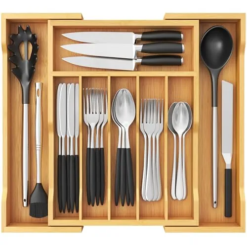 Lifewit Organizador de Cubiertos, Bandeja para Cubiertos Extensible, Cubertero para Cajón para Menaje, Organizador de Cubertería Ajustable y Compacto para Cucharas Tenedores Cuchillos, Grande, Natural