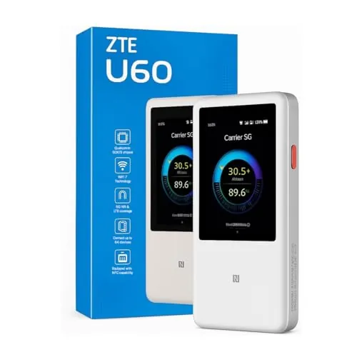 ZTE U60 5G Mobile WiFi Hotspot, enrutador MiFi portátil con ranura SIM, Internet 5G desbloqueado, WiFi 7, pantalla táctil, batería de larga duración, Wi-Fi de viaje y caravana, conecta hasta 64