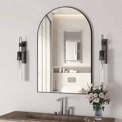 NEUWEABY Espejo montado en la Pared, Espejo de Pared arqueado para baño, Espejo de baño de Arco de 60x90cm Marco de Metal, decoración de Espejo Negro Manto, Dormitorio, Entrada
