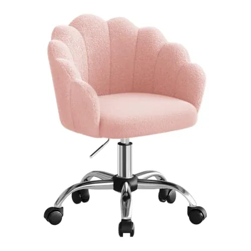 WOLTU Silla de Tocador Cachemira, Silla Giratoria con Ruedas, Rosa | Respaldo de Petalos, Ergonómica para Maquillaje, Patas de Metal