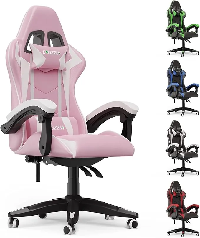 bigzzia Silla Gaming,Silla Ergonómica de Oficina en Cuero PU,Silla Gamer Adulto Niño, Regulable en Altura con Soporte Lumbar y Reposacabezas,Respaldo Reclinable 155°(Rosa)