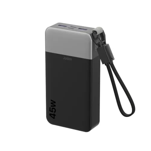 JUOVI Power Bank 45W 20000mAh Cargador Portátil con Cable | Carga Rápida USB C con 4 Puertos, Pantalla LED, Paquete de Batería Externo para iPad Tablet Switch iPhone Samsung etc.