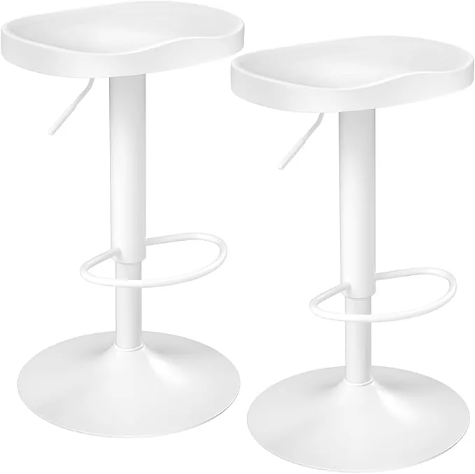 WOLTU Taburetes Cocina Juego de 2, Taburetes de Bar Giratorios, Sillines con Reposapiés, Altura Ajustable, Taburetes sin Respaldo, Asiento de Madera, Base Metalico, Blanco, BH413ws-2