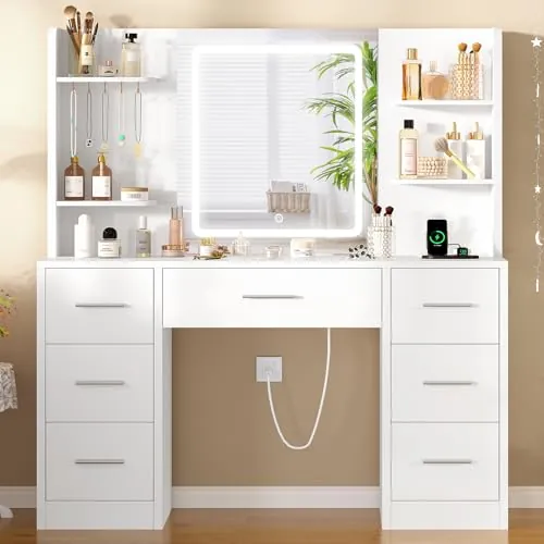 TEENFON Tocador de Maquillaje con Luces LED Regulables y enchufes, Mesa de Maquillaje con Espejo, 4 estantes Abiertos y 5 Ganchos para Joyas, Blanco, Tocador con 7 Cajones+Luces LED